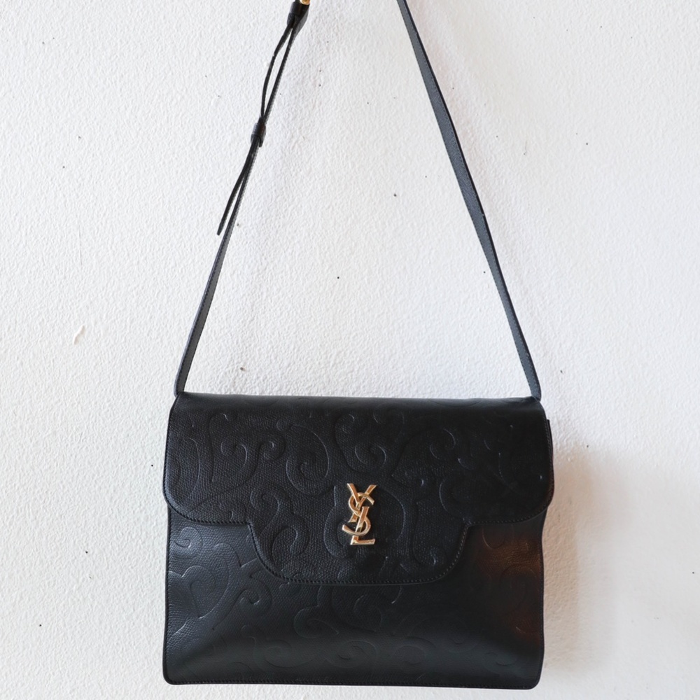 YVES SAINT LAURENT vintage YSL Arabesque pattern Shoulder Bag black leather